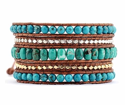 Boho Wrap Bead Bracelet for Women - Handmade Adjustable Natural Stone Beaded Bracelets Yoga Healing Bracelet Bangle Hippie Jewelry - color: Turquoise #2