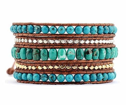 Boho Wrap Bead Bracelet for Women - Handmade Adjustable Natural Stone Beaded Bracelets Yoga Healing Bracelet Bangle Hippie Jewelry - color: Turquoise #2