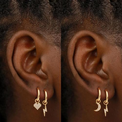 Gold Hoop Earrings and Charm Set for Women Huggie Dangle Drop Mix and Match Earring Pack with Charms 14K Small Simple Hypoallergenic Everyday Jewelry - style: 02. Heart/Lightning/Moon