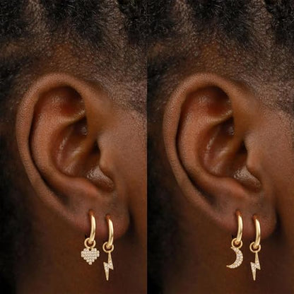 Gold Hoop Earrings and Charm Set for Women Huggie Dangle Drop Mix and Match Earring Pack with Charms 14K Small Simple Hypoallergenic Everyday Jewelry - style: 02. Heart/Lightning/Moon