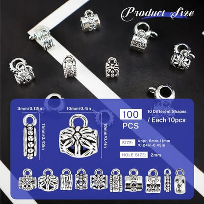 YETOOME 100 Pcs Antique Tibetan Silver Bail Beads, Loose Spacer Bead, Bead Hanger Charm for Jewelry Making DIY Necklace Bracelet, 10 Styles