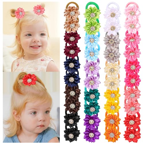 40pcs Baby Girls Flower Mini Hair Ties Rhinestone Satin Hair Elastic | Multicolor Candy Baby Scrunchies Soft Ponytail Holders Rubber Bands Hair Accessories,Great for Daily & Party Hairstyle