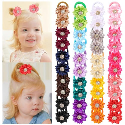 40pcs Baby Girls Flower Mini Hair Ties Rhinestone Satin Hair Elastic | Multicolor Candy Baby Scrunchies Soft Ponytail Holders Rubber Bands Hair Accessories,Great for Daily & Party Hairstyle