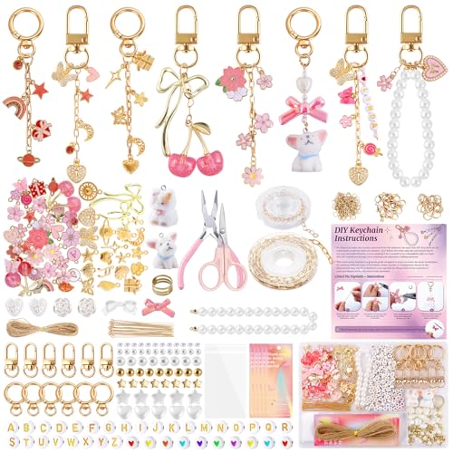 Wurosi Pink 680PCS Keychain Making Kit DIY Crafts, DIY Bag Charm Kit | Includes 78.74 Inch Chains,Tools,Charms and Packaging Supplies, Create Custom Bag Charms Keyrings and Lip Gloss Holders - color: 680 Pcs Pink Keychain Kit