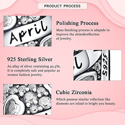 HappyStar 925 Sterling Silver Month Birthstone Charm for Bracelets Necklace，with 5A Cubic Zirconia Dangle Pendant Bead,Happy Birthday Valentine's Day - color: 4-April Birthstones