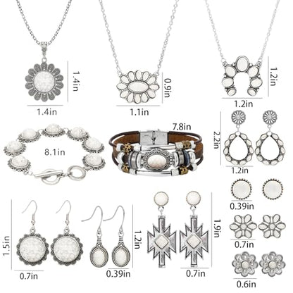 NEWITIN 20 Pieces Silver Bohemian Jewelry Set for Women Fashion Costume Jewels Turquoise Necklace Bracelet Ring Earrings Western Turquoise Jewelry Set for Women - color: Turquoise Jewelry White Set