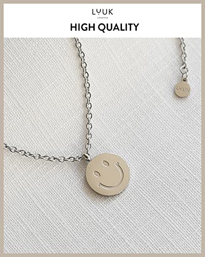 LUUK LIFESTYLE Stainless steel necklace with pendant and HAPPINESS card, 20” adjustable length, lucky charm, friendship chain, Valentine's Day gift, birthday, women's jewelry, silver, gold, rosegold - color: Silver, size: Smiley
