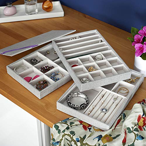 Household Essentials Grey Stacking Jewelry Organizer Box Tray Set with Removable Lid Fabric (744-1) - color: White