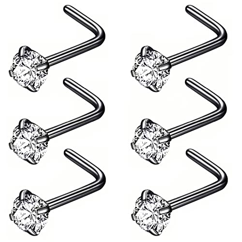 316L Surgical Steel 22g/20g/18g Nose Rings Studs L-Shape Nose Nostrial Piercing Body Jewerly L Shaped Nose Studs 1.5mm 2mm 2.5mm 3mm CZ Nose Screw Studs Rings for Women - style: 6pcs/L-shape/18g/3.0mm Clear CZ/Black