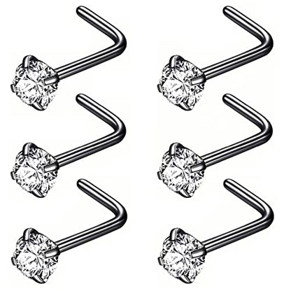 316L Surgical Steel 22g/20g/18g Nose Rings Studs L-Shape Nose Nostrial Piercing Body Jewerly L Shaped Nose Studs 1.5mm 2mm 2.5mm 3mm CZ Nose Screw Studs Rings for Women - style: 6pcs/L-shape/18g/3.0mm Clear CZ/Black
