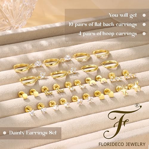 Florideco Hypoallergenic Flat Back Earrings for Women 14K Gold Plated Surgical Steel Stud Hoop Earrings for Sensitive Ears Stainless Steel Earrings Flatback Stud Cartilage Earring Set - color: 14K Gold Plated