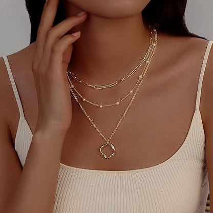 Evabelle Gold Layered Necklace for Women Trendy Jewelry 14K Real Gold Plated Chunky Chain Stackable Necklaces Dainty Choker Necklaces Rectangle Square Pendant - color: Gold Necklace 25