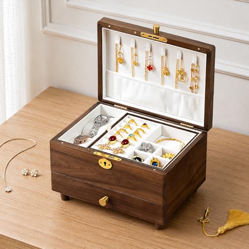 Black Walnut Lockable Jewelry Box with Feet, Wooden Organizer for Women | 3 Layer, Solid Wood, Handcrafted, Drawer, Lock Key, Removable Tray, Necklace Ring Earring Watch Case, Gift for Mom Girls - color: 3 Layer Full Lock with Feet