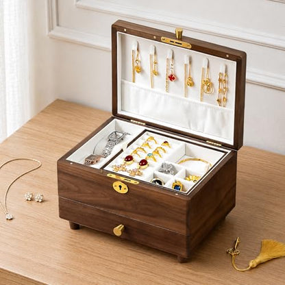 Black Walnut Lockable Jewelry Box with Feet, Wooden Organizer for Women | 3 Layer, Solid Wood, Handcrafted, Drawer, Lock Key, Removable Tray, Necklace Ring Earring Watch Case, Gift for Mom Girls - color: 3 Layer Full Lock with Feet