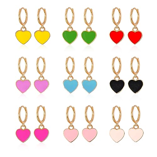 GBAHFY 9 Pairs Heart Dainty Huggie Hoop Earrings with Dangle for Women Sterling Silver Small Huggie Earring with Drop Charm Set