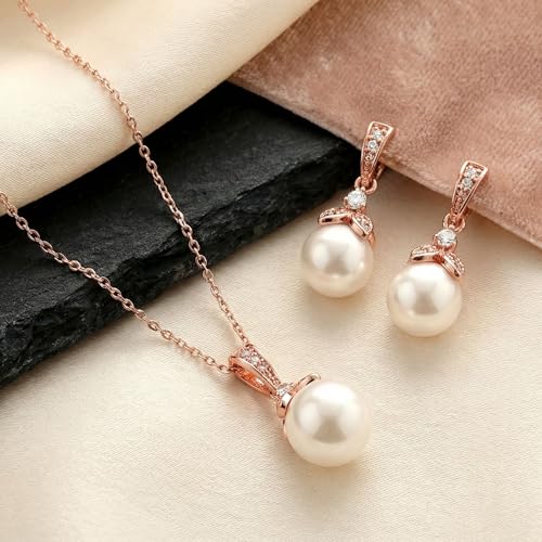 Mariell Pearl Drop Bridal Necklace Earrings Set with CZ Crystals for Bride, Bridesmaid, Birthday Gift - color: Rose Gold Necklace Earrings Set
