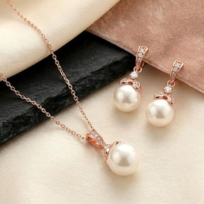 Mariell Pearl Drop Bridal Necklace Earrings Set with CZ Crystals for Bride, Bridesmaid, Birthday Gift - color: Rose Gold Necklace Earrings Set