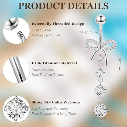 REVOLIA 14G F136 Titanium Dangle Belly Button Ring for Women Dangling Navel Ring Hypoallergenic Belly Ring Externally Threaded Barbell CZ Bow Navel Piercing Jewelry - color: Silver