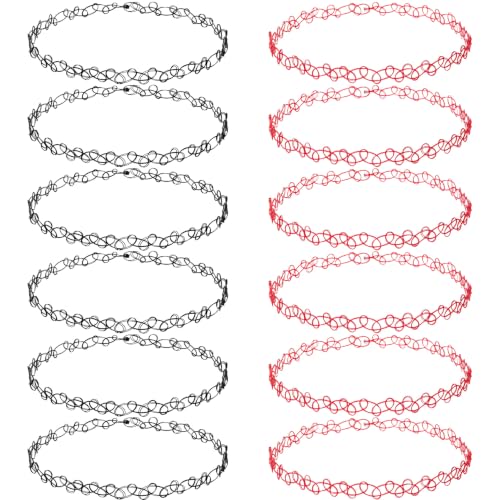 PAGOW Tattoo Choker Set, Stretchy 90s Choker Necklace, Adjustable Retro Y2K Gothic Grunge Chokers Jewelry Accessories - color: Black,Red,12Pcs