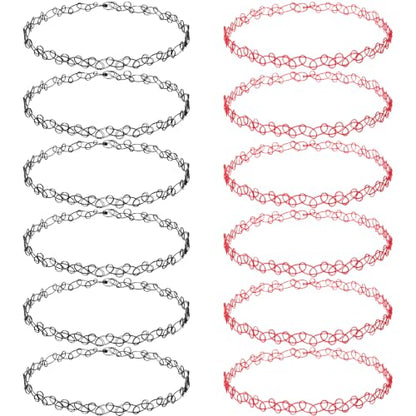 PAGOW Tattoo Choker Set, Stretchy 90s Choker Necklace, Adjustable Retro Y2K Gothic Grunge Chokers Jewelry Accessories - color: Black,Red,12Pcs
