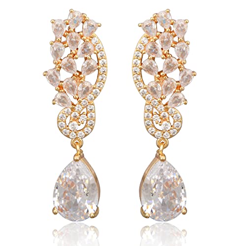 CZ Bridal Earrings for Wedding - 14k Plated Sterling Silver Elegant Teardrop Cubic Zirconia Crystal Rhinestone Floarl Leaf Cluster Chandelier Statement Dangle Drop Earrings for Bride Bridesmaids Party - color: 14K Gold Plated