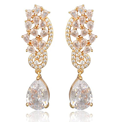 CZ Bridal Earrings for Wedding - 14k Plated Sterling Silver Elegant Teardrop Cubic Zirconia Crystal Rhinestone Floarl Leaf Cluster Chandelier Statement Dangle Drop Earrings for Bride Bridesmaids Party - color: 14K Gold Plated