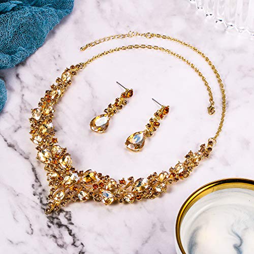 Women's Wedding Statement Necklace Dangle Earring Jewelry | Austrian Crystal Teardrop Cluster,Necklaces Earrings Set for Bride Bridesmaid,Prom Accessories - color: 12-Champagne Gold-Plated-Base