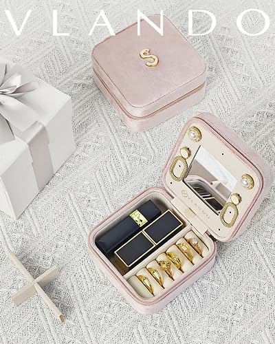 Vlando Travel Essentials for Women Jewelry Box, Travel Accessories for Teen Girl Trendy Stuff, Necklace Organizer Earrings Ring Organizer, Travel Must Have Jewelry Organizer - Letter C, Pink | Built-In Mirror for Quick Checks, Soft Velvet Protects Daily P
