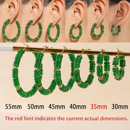 Wellike Beaded Hoop Earrings for Women Natural Stone Pink Gold Huggie Earrings Hypoallergenic Dainty Waterproof Trendy Jewelry - color: green, size: 35mm