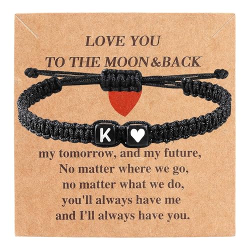 Valentines Day Gifts for Him Her Heart Love Letter Initial Matching Couple Bracelets for Women Men Teen Gifts Best Friend Graduation Birthday Gifts A-Z Braided Bracelet Son Daughter Dad Jewelry - color: Black-K