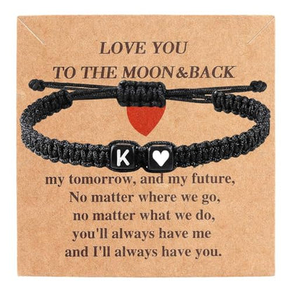 Valentines Day Gifts for Him Her Heart Love Letter Initial Matching Couple Bracelets for Women Men Teen Gifts Best Friend Graduation Birthday Gifts A-Z Braided Bracelet Son Daughter Dad Jewelry - color: Black-K