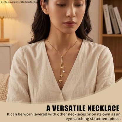 1Piece Gold-Tone Lariat Minimalist Dainty Heart Pearl Pendant Long Necklace | lariat necklace for women|y shaped necklace|lariat necklace gold|gold heart lariat necklace