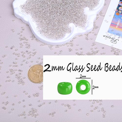 2mm Glass Seed Beads Bulk, Clear Silver White 12/0 Tiny Round Seed Bead, Small Mini Pony Craft Beads for Bracelet Necklace Wrist Jewelry Making Beading Weaving DIY Crafts Supplies - color: CLear Silver White