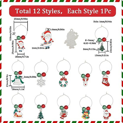 SUNNYCLUE 1 Box 12Sets Christmas Wine Charms Drink Identifiers Silver Wine Glass Markers Enamel Christmas Tree Red Green Beads Beading Rings Drink Identification for Party Tasting Favor - style: 12 Sets Silver Tone Christmas Drink Identifiers & Upgraded G