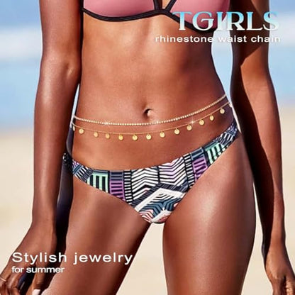 Tgirls Gold Waist Chain for Women Rhinestone Layered Belly Chains Beads Body Chain Heart-Shaped Beach Body Jewelry for Summer - style: Rhinestone