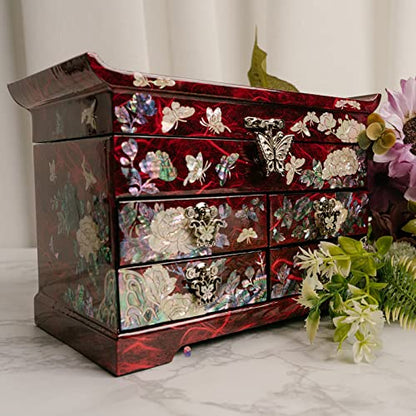 February Mountain Mother of Pearl Wooden Jewelry Organizer Box – Jewelry Storage Box for Women, Features Spacious Drawers, Ideal for Rings, Bracelets, Watches, Chains, Accessories - style: Peony_Red