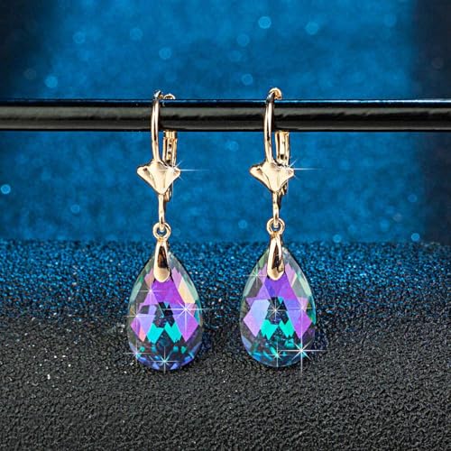 Austrian Crystal Teardrop Leverback Dangle Earrings for Women Fashion 14K Gold Plated Hypoallergenic Jewelry - color: Rainbow