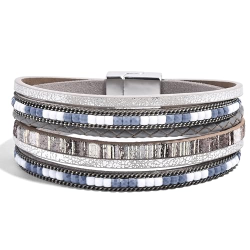 VIBILIA Boho Leather Wrap Bracelets for Women Multi-Layer Bracelets | With Strong Clasp Jewelry for Women - color: 03-BohoBraid-Gray