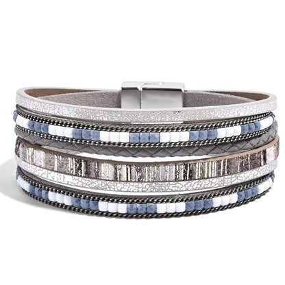 VIBILIA Boho Leather Wrap Bracelets for Women Multi-Layer Bracelets | With Strong Clasp Jewelry for Women - color: 03-BohoBraid-Gray