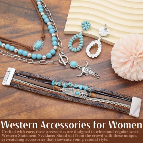 RechicGu Western Jewelry For Women Bohemian Turquoise Dangle Earrings Necklace Bracelet Set, Bullhead Pendant Layered Choker Boho Faux Leather Wristband Country Concert Cowgirl Accessories - color: Jewelry Set B
