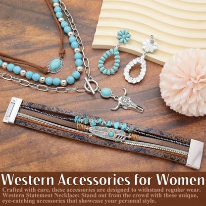 RechicGu Western Jewelry For Women Bohemian Turquoise Dangle Earrings Necklace Bracelet Set, Bullhead Pendant Layered Choker Boho Faux Leather Wristband Country Concert Cowgirl Accessories - color: Jewelry Set B
