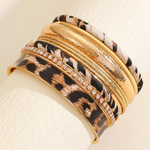 Gold Bangle Bracelets for Women, 14k Gold Plated Multi Layer Textured Stackable Open Bracelet Set Boho Indian Bangles Stackable Set Trendy Elegance Charms Non Tarnish Minimalist Bangle Pack - style: Leopard 7Pcs