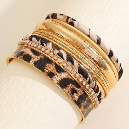 Gold Bangle Bracelets for Women, 14k Gold Plated Multi Layer Textured Stackable Open Bracelet Set Boho Indian Bangles Stackable Set Trendy Elegance Charms Non Tarnish Minimalist Bangle Pack - style: Leopard 7Pcs