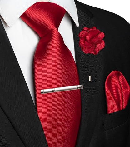 JEMYGINS Formal Necktie Solid Color Tie and Pocket Square with Tie Clip Lapel Pin Sets for Men 4PCS - color: Red