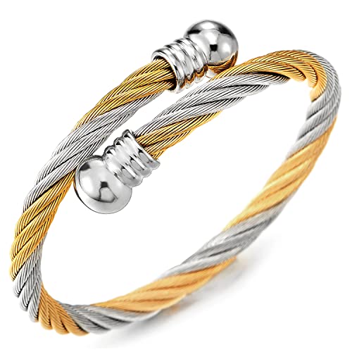COOLSTEELANDBEYOND Elastic Adjustable Steel Twisted Cable Cuff Bangle Bracelet for Mens for Women - color: L-Metal Color: Gold & Silver