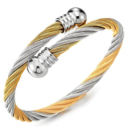 COOLSTEELANDBEYOND Elastic Adjustable Steel Twisted Cable Cuff Bangle Bracelet for Mens for Women - color: L-Metal Color: Gold & Silver