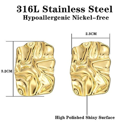 Geometric Rectangle Gold Plated Stud Earrings Irregular Hammered Chunky Statement Square Earrings for Women Trendy - color: Gold Rectangle