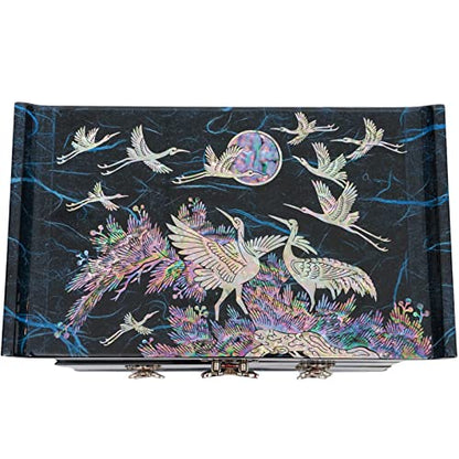 February Mountain Mother of Pearl Wooden Jewelry Organizer Box – Jewelry Storage Box for Women, Features Spacious Drawers, Ideal for Rings, Bracelets, Watches, Chains, Accessories (Crane_Blue) - style: Crane_Blue