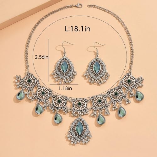 Frodete Indian Jewelry Sets for Women Traditional Bohemian Wedding Jewelry Set Indian Dresses for Women Oxidized Ethnic Party Prom Wear - color: D2:SILVER GREEN