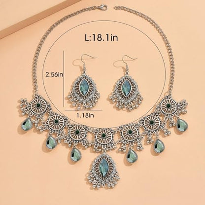 Frodete Indian Jewelry Sets for Women Traditional Bohemian Wedding Jewelry Set Indian Dresses for Women Oxidized Ethnic Party Prom Wear - color: D2:SILVER GREEN